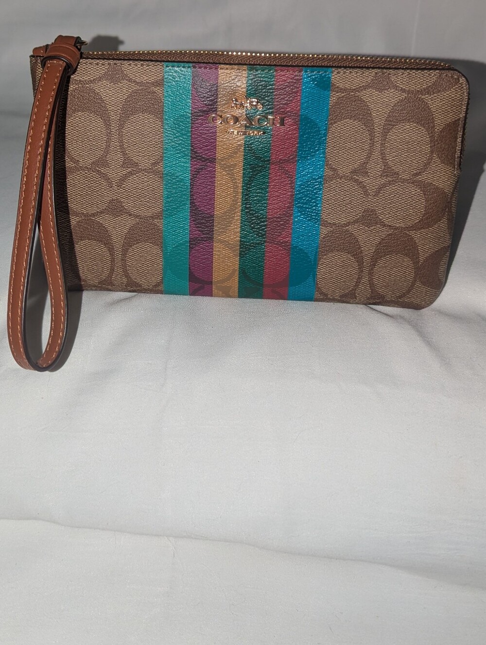 Coach Brown Signature Wristlet with Rainbow Stripes Pride Collection C5642